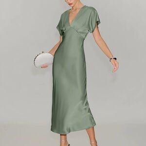 Rihoas Green Satin V Neck A-Line Midi Dress